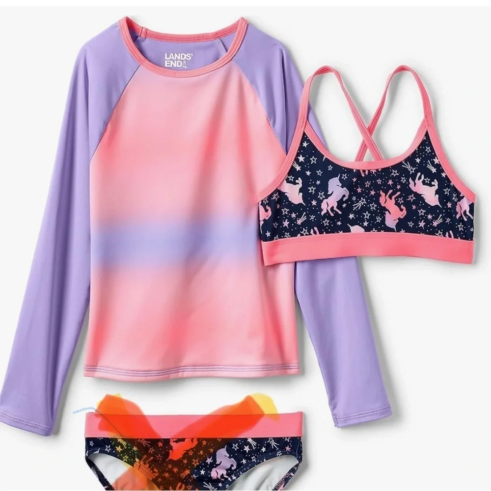 Lands end kids swimsuit Girls Size 12 swimsuit top unicorn W/ Size 10 swim shirt